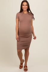 Mocha Ribbed Fitted Ruched Maternity Dress