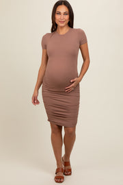 Mocha Ribbed Fitted Ruched Maternity Dress