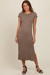 Brown Striped Side Slit Midi Dress