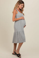 Heather Grey Tiered Sleeveless Maternity Midi Dress