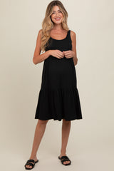 Black Tiered Sleeveless Maternity Midi Dress