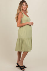 Light Olive Tiered Sleeveless Maternity Midi Dress