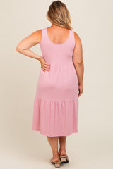 Pink Tiered Sleeveless Maternity Plus Midi Dress