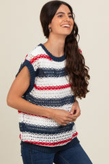 Navy Striped Crochet Knit Top