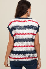 Navy Striped Crochet Knit Top