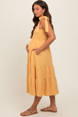 Yellow Smocked Tie Strap Tiered Maternity Midi Dress