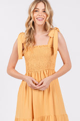 Yellow Smocked Tie Strap Tiered Midi Dress