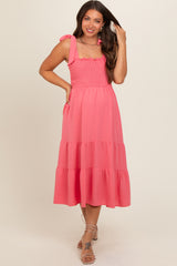 Salmon Smocked Tie Strap Tiered Maternity Midi Dress