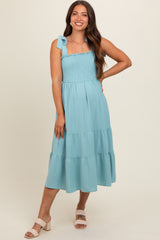 Light Blue Smocked Tie Strap Tiered Maternity Midi Dress