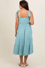 Light Blue Smocked Tie Strap Tiered Maternity Midi Dress