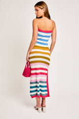 Multi Stripe Strapless Knit Fitted Midi Dress