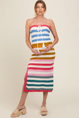 Multi Stripe Strapless Knit Fitted Maternity Midi Dress