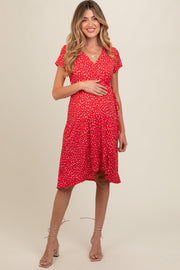 Red Printed Short Sleeve Wrap Maternity Midi Dress