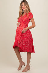 Red Printed Short Sleeve Wrap Maternity Midi Dress