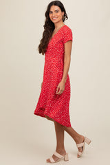 Red Printed Short Sleeve Wrap Midi Dress