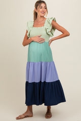 Multi-Color Smocked Tiered Flutter Sleeve Maternity Maxi Dress