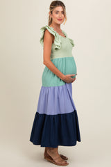 Multi-Color Smocked Tiered Flutter Sleeve Maternity Maxi Dress