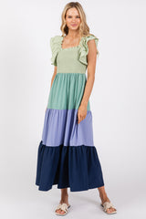 Multi-Color Smocked Tiered Flutter Sleeve Maternity Maxi Dress