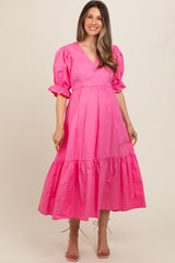 Fuchsia Short Puff Sleeve Tiered Maternity Midi Dress