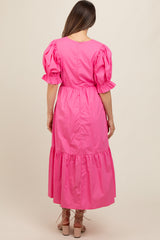 Fuchsia Short Puff Sleeve Tiered Maternity Midi Dress