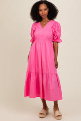 Fuchsia Short Puff Sleeve Tiered Midi Dress