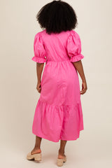 Fuchsia Short Puff Sleeve Tiered Midi Dress