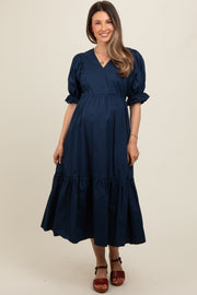 Navy Short Puff Sleeve Tiered Maternity Midi Dress