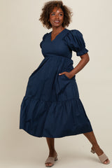 Navy Short Puff Sleeve Tiered Maternity Midi Dress