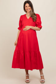 Red Short Puff Sleeve Tiered Maternity Midi Dress