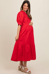 Red Short Puff Sleeve Tiered Maternity Midi Dress