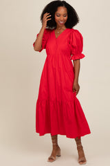 Red Short Puff Sleeve Tiered Maternity Midi Dress