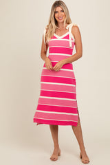 Pink Striped Shoulder Tie Side Slit Midi Dress