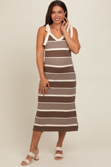 Brown Striped Shoulder Tie Side Slit Maternity Midi Dress