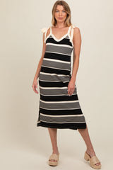 Black Striped Shoulder Tie Side Slit Maternity Midi Dress