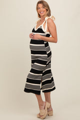 Black Striped Shoulder Tie Side Slit Maternity Midi Dress