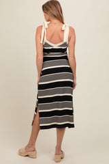 Black Striped Shoulder Tie Side Slit Maternity Midi Dress