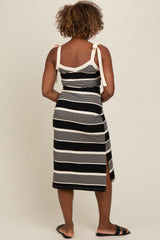 Black Striped Shoulder Tie Side Slit Midi Dress