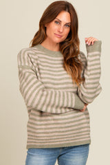 Light Olive Striped Drop Shoulder Sweater