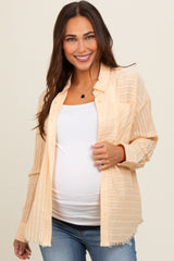 Peach Striped Fringe Button Down Maternity Shirt