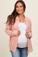 Mauve Striped Fringe Button Down Maternity Shirt