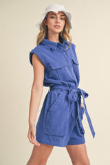 Cobalt Blue Button Up Cargo Romper