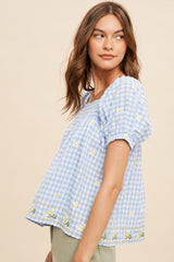 Powder Blue Floral Embroidery Gingham Smock Blouse