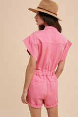 Aurora Pink Mineral Washed Elastic Waistband Pockets Romper