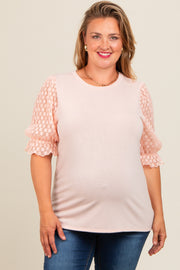 Peach Mesh Floral Puff Sleeve Maternity Plus Top