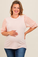 Peach Mesh Floral Puff Sleeve Maternity Plus Top