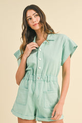 Spearmint Mineral Washed Elastic Waistband Pockets Romper