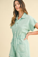 Spearmint Mineral Washed Elastic Waistband Pockets Romper