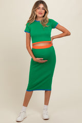 Green Colorblock Crop Top and Skirt Maternity Set