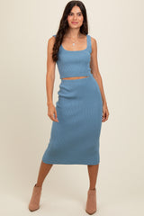 Blue Ribbed Square Neck Sleeveless Crop Maternity Skirt Set