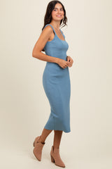 Blue Ribbed Square Neck Sleeveless Crop Skirt Set